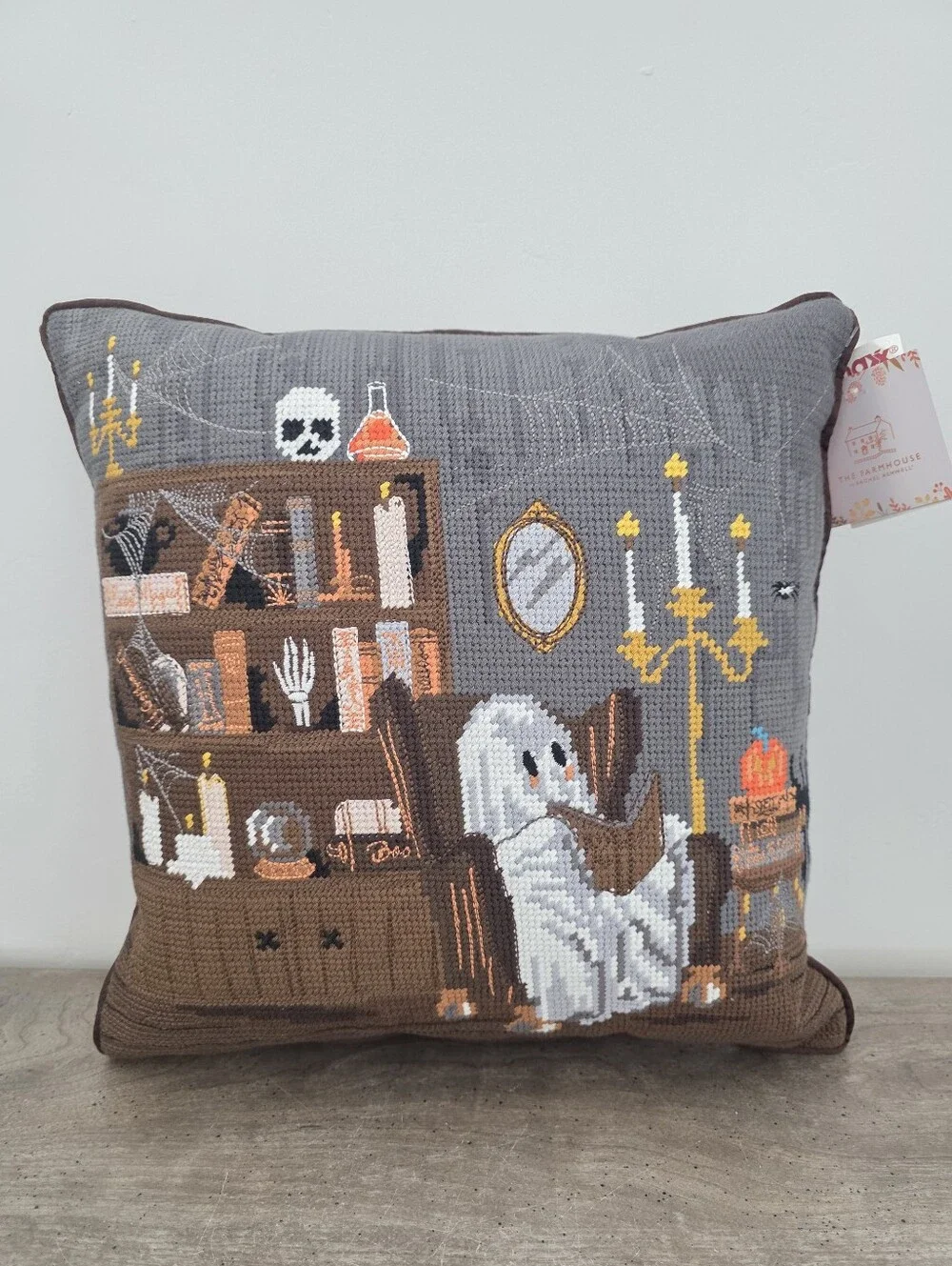 The Farmhouse Halloween Ghost Reading Book Beaded Decorative Pillow New